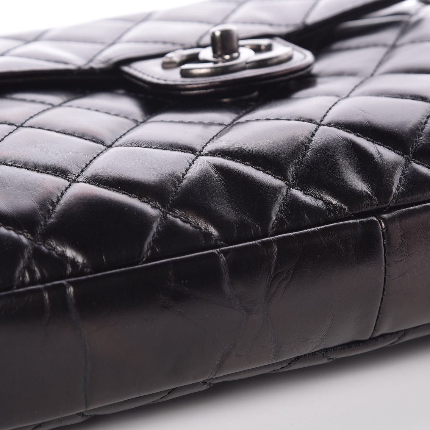 Glazed Calfskin Quilted Accordion Flap Black