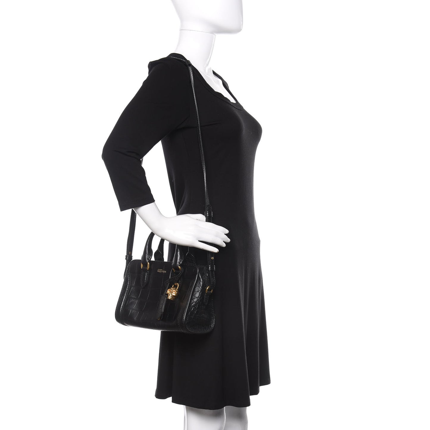 Calfskin Crocodile Embossed Mini Skull Padlock Zip Around Tote Black