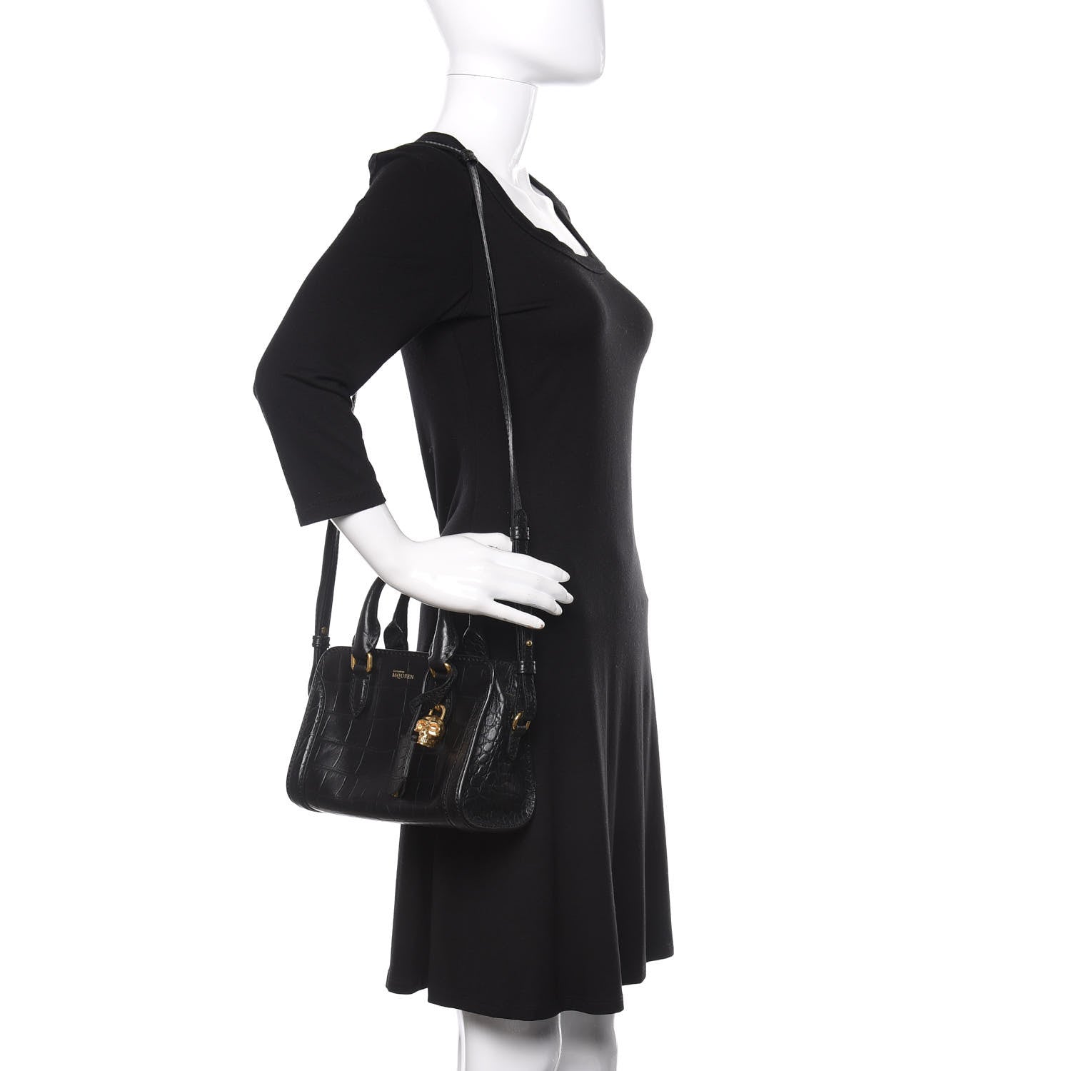 Alexander McQueen Calfskin Crocodile Embossed Mini Skull Padlock Zip Around Tote Black 3 of 17