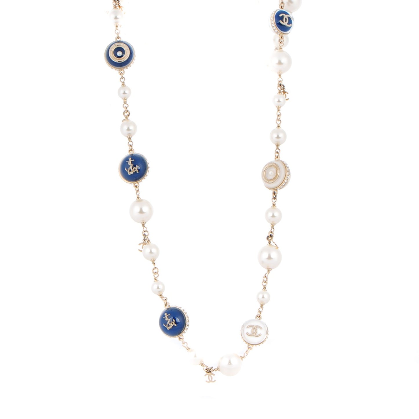 Pearl Resin Crystal CC Long Necklace Gold Blue