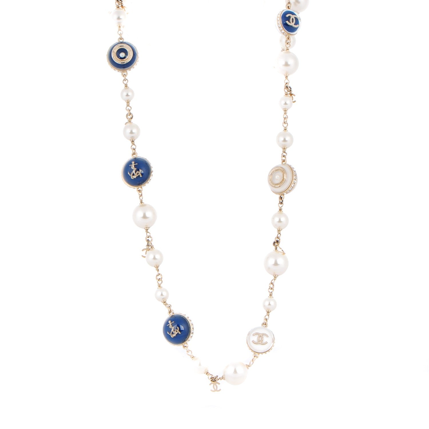 Chanel Pearl Resin Crystal CC Long Necklace Gold Blue 1 of 4