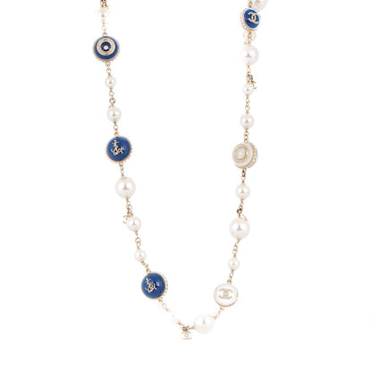 Chanel Pearl Resin Crystal CC Long Necklace Gold Blue 1 of 4