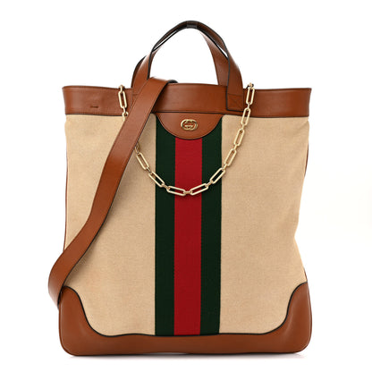 Gucci Vintage Canvas Calfskin Web Flat Tote Sand Light Cuir 1 of 11