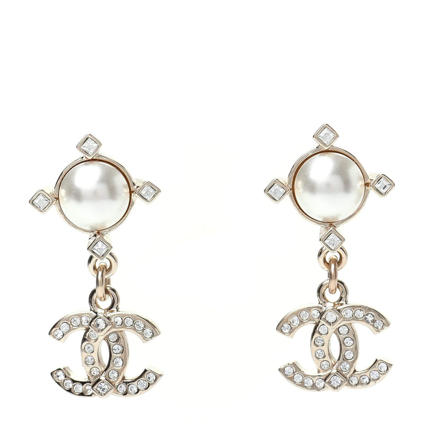 Crystal Pearl CC Drop Earrings Gold