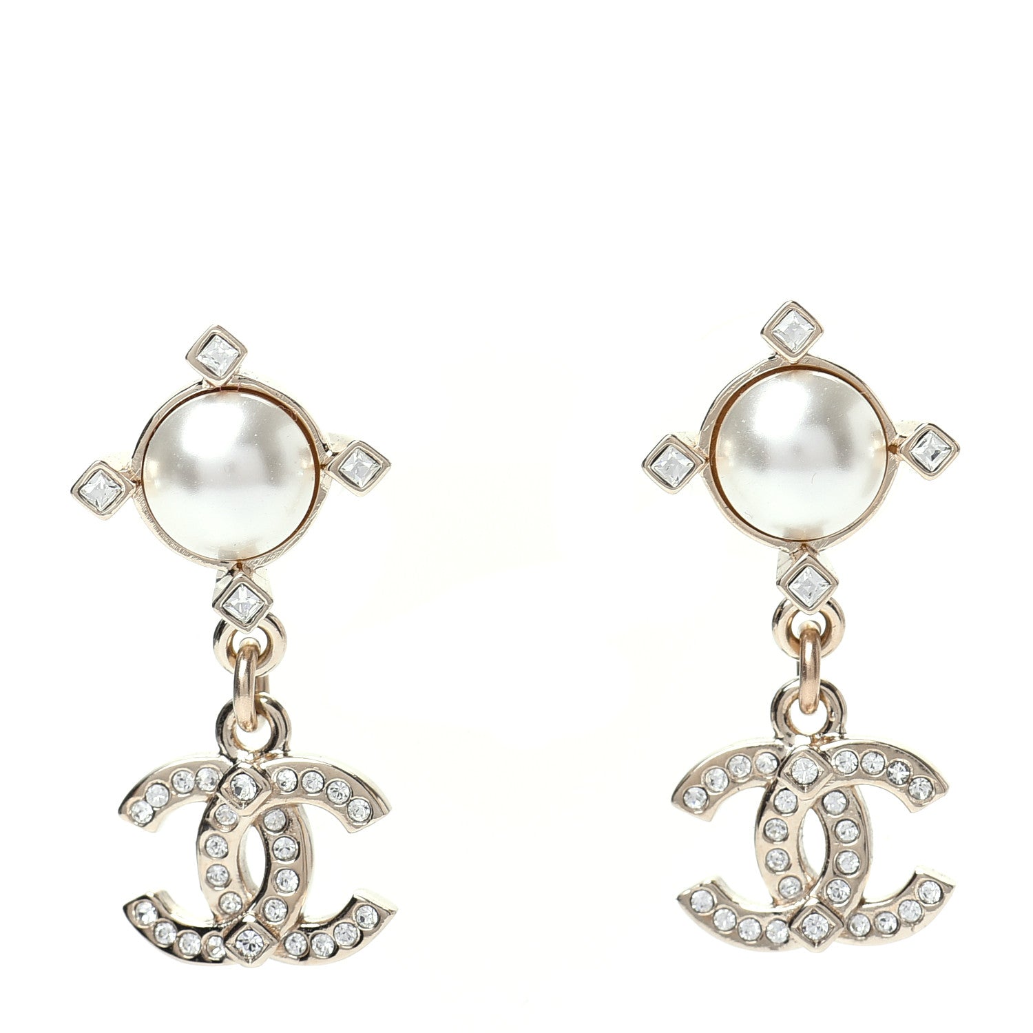 Chanel Crystal Pearl CC Drop Earrings Gold 1 of 5