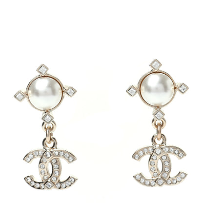 Chanel Crystal Pearl CC Drop Earrings Gold 1 of 5