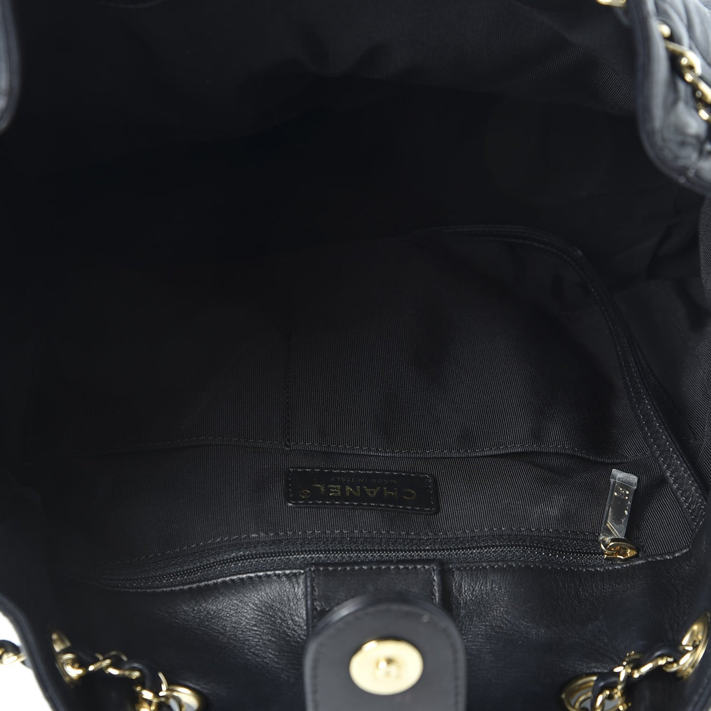 Lambskin Quilted Large Drawstring Bag Black