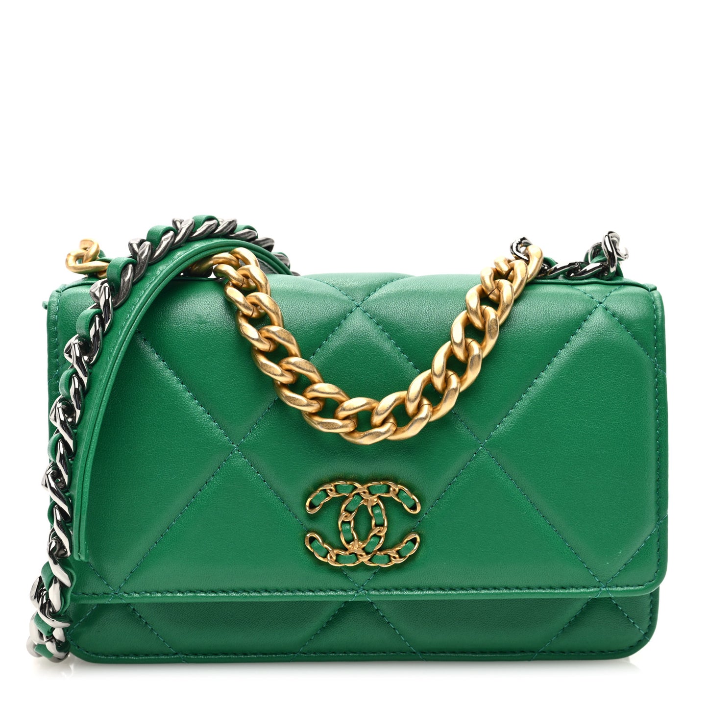 Lambskin Quilted Chanel 19 Wallet On Chain WOC Green