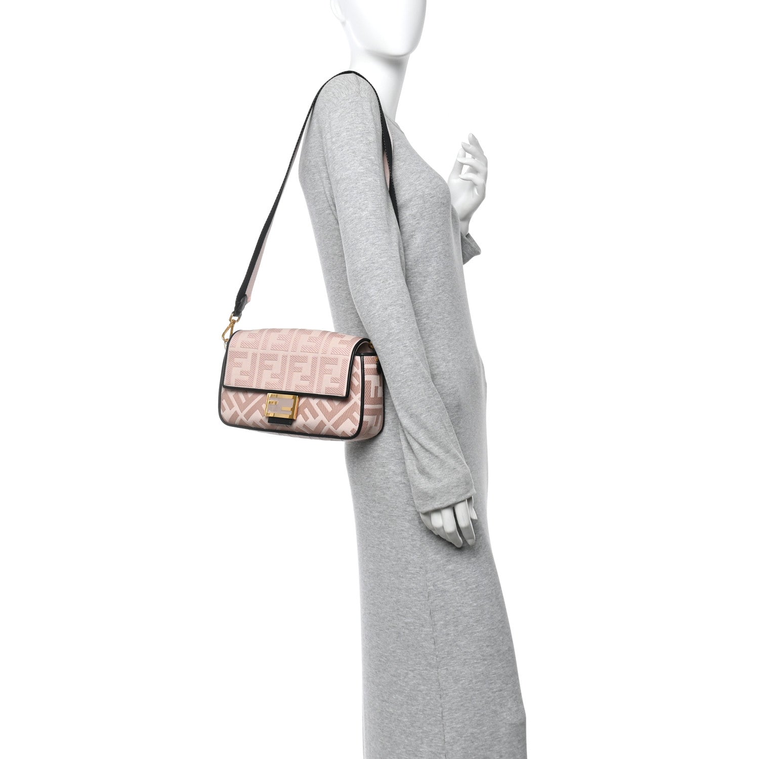Fendi Canvas Vitello King FF Embroidered Baguette Rosa Quarzo Black 2 of 10