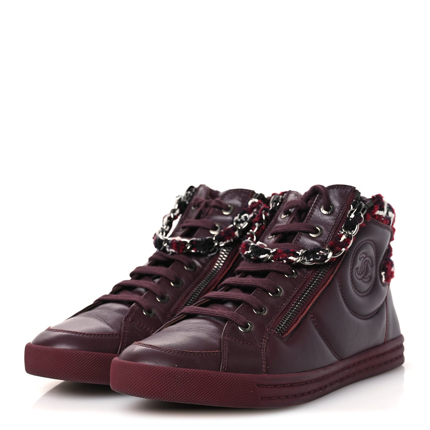 Lambskin Zipped Chain CC Sneakers 38.5 Burgundy