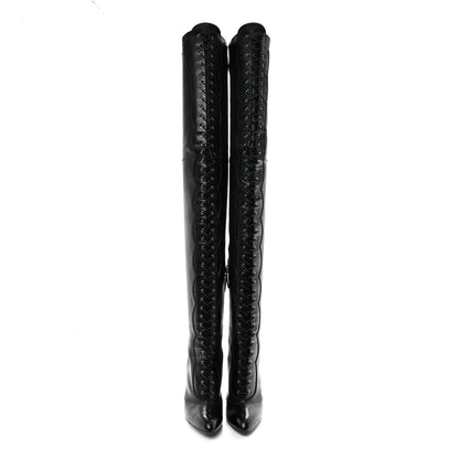 Gucci Calfskin Snakeskin Embossed Harriet Over the Knee High Boots 38 Black 2 of 8
