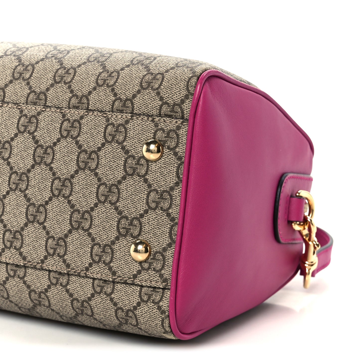 GG Supreme Monogram Moon Calfskin Small Boston Beige Ebony Hibiscus Red New Rosette