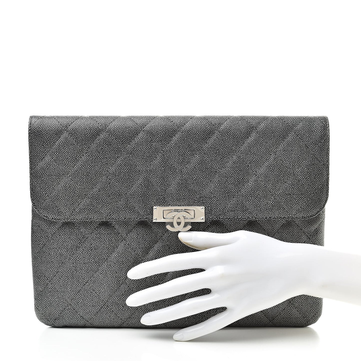Metallic Caviar Quilted Medium Golden Class Pouch Silver