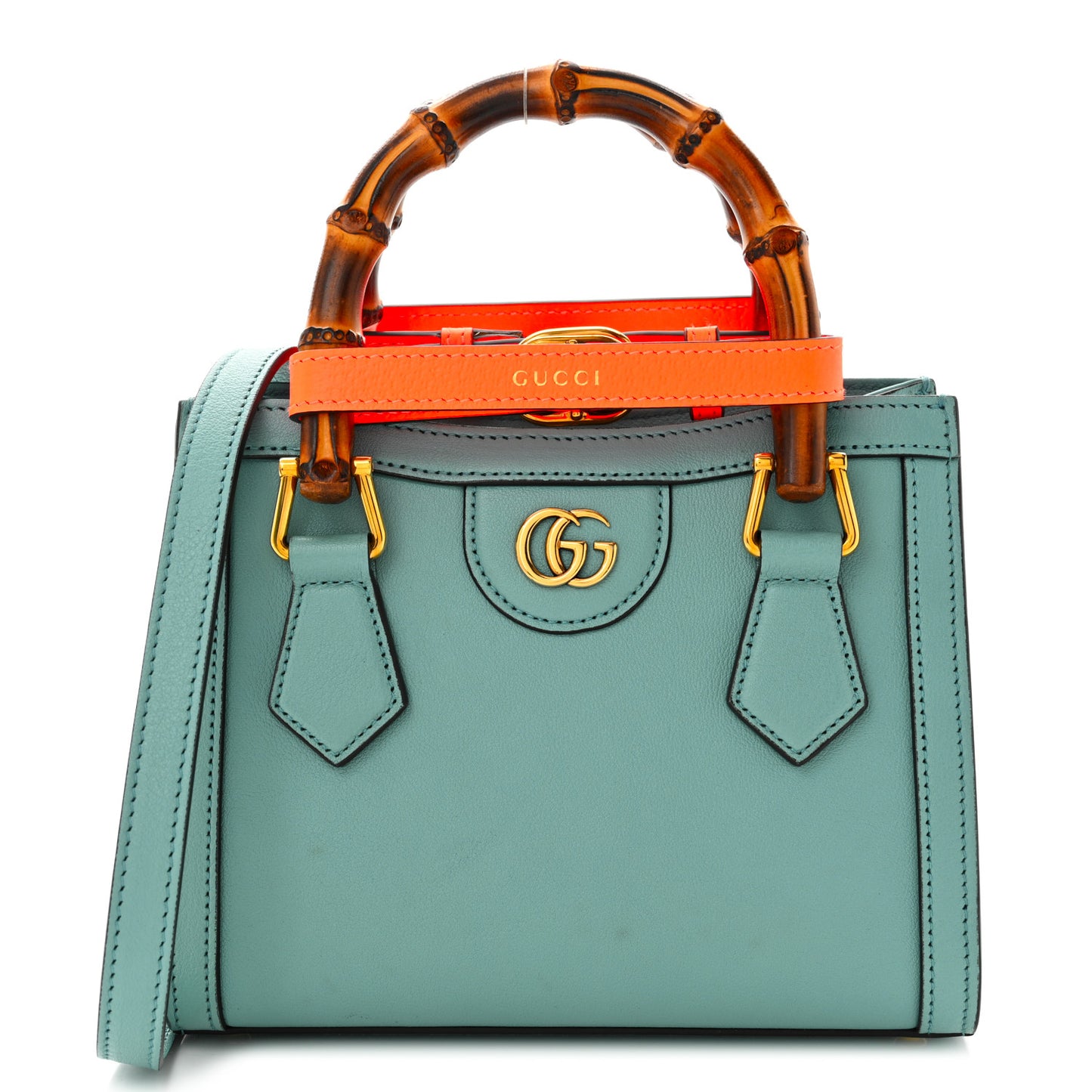 Textured Dollar Calfskin Web Mini Diana Tote Bag Dusty Azure Deep Orange