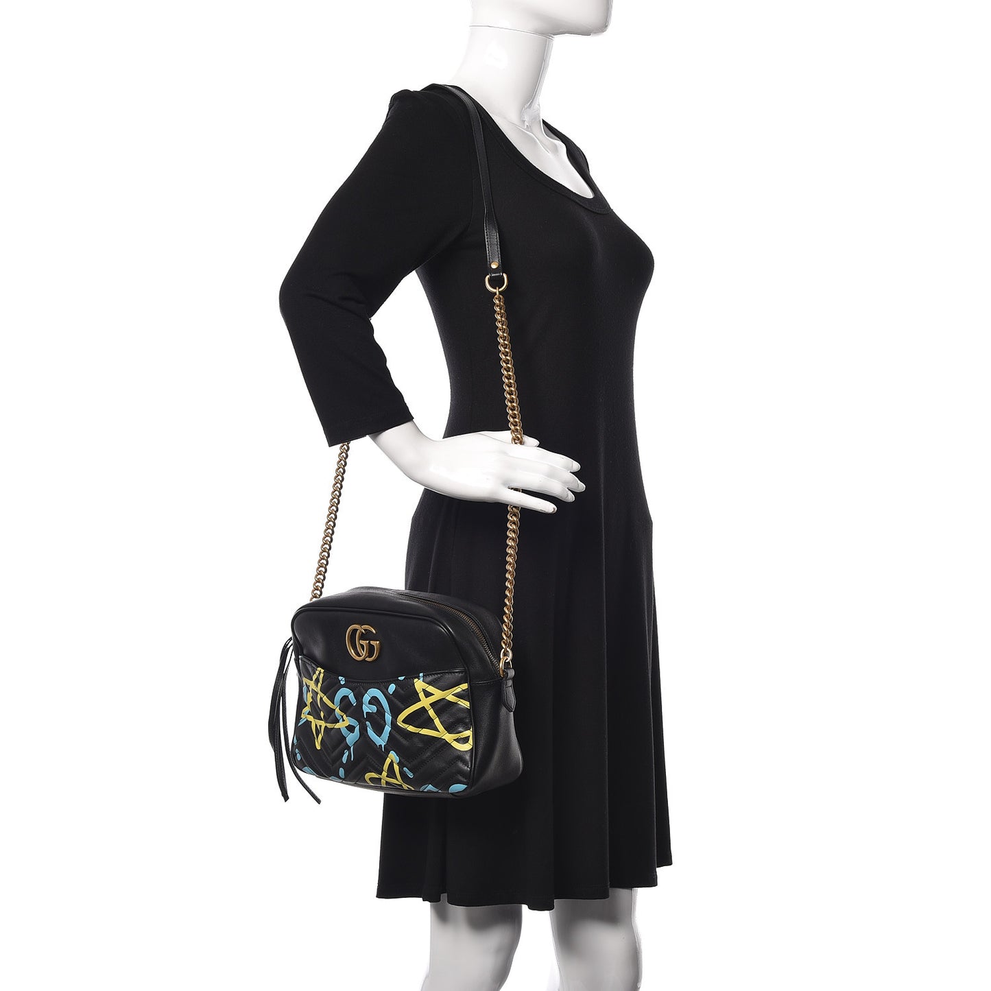 Calfskin Matelasse GucciGhost Medium GG Marmont Chain Shoulder Bag Black New Acquamarine