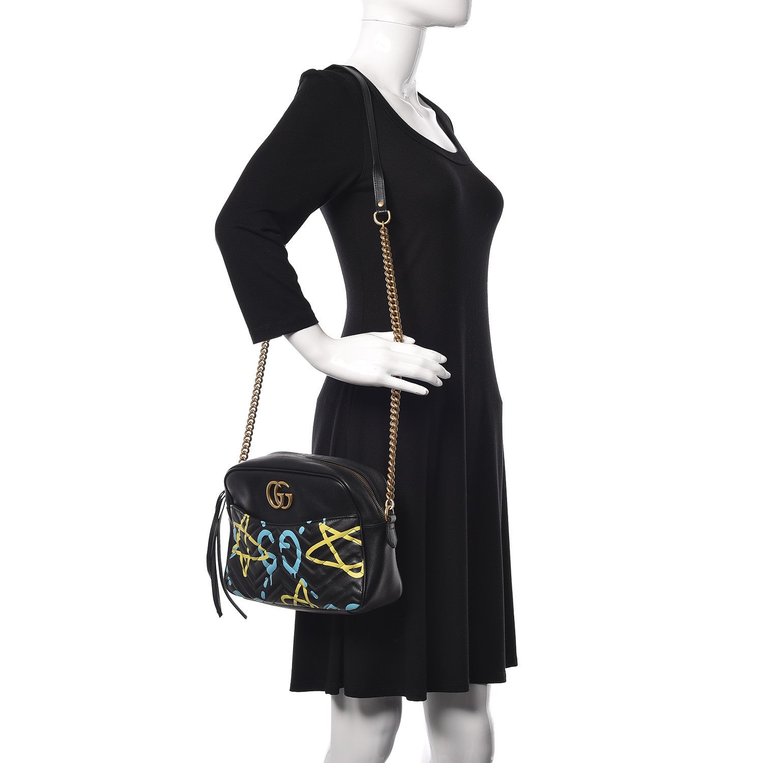 Gucci Calfskin Matelasse GucciGhost Medium GG Marmont Chain Shoulder Bag Black New Acquamarine 4 of 22