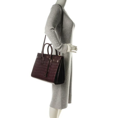 Saint Laurent Calfskin Crocodile Embossed Small Sac De Jour Bordeaux 2 of 7