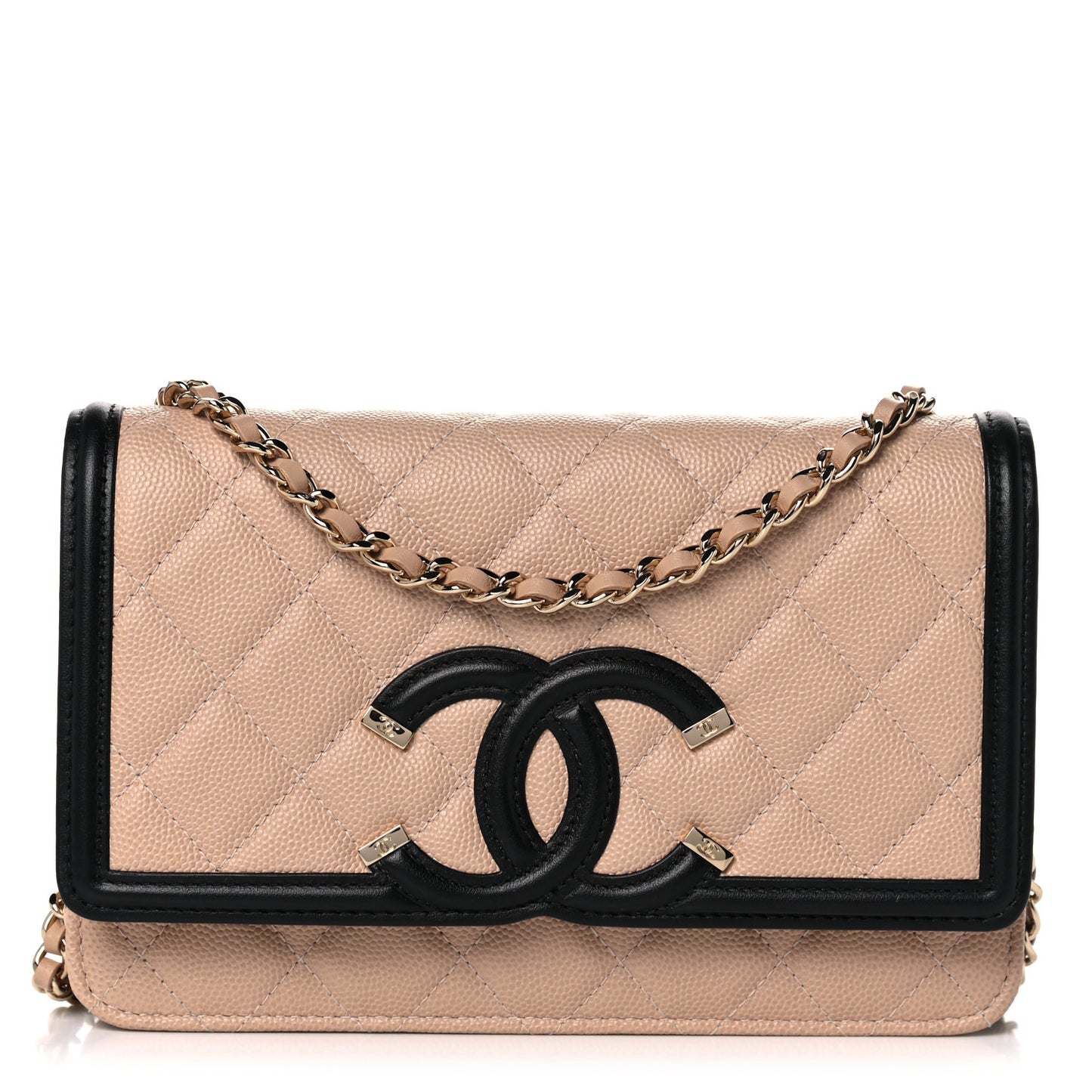 Caviar Quilted CC Filigree Wallet On Chain WOC Beige Black