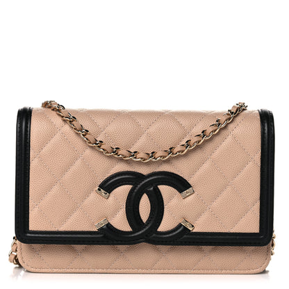 Chanel Caviar Quilted CC Filigree Wallet On Chain WOC Beige Black 1 of 12