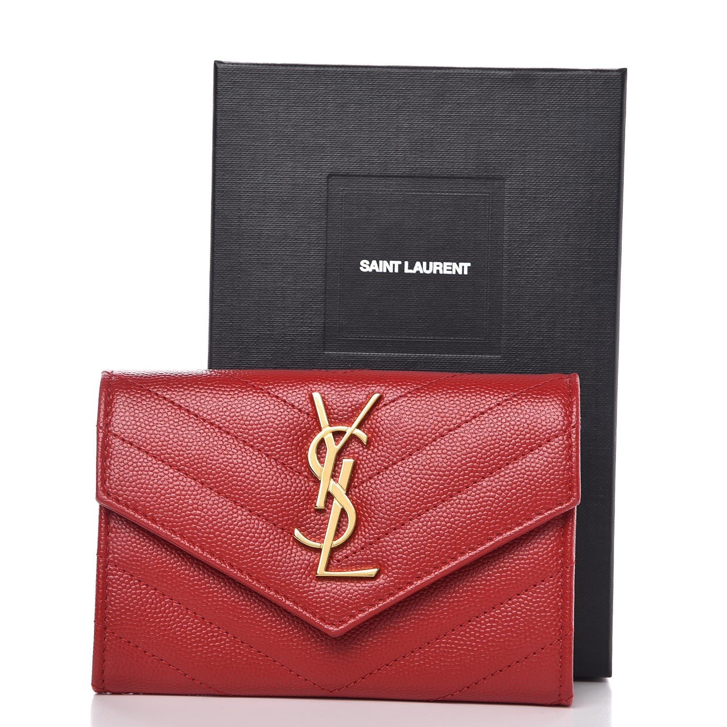 Saint Laurent Grain De Poudre Matelasse Chevron Small Monogram Envelope Wallet New Red 9 of 9