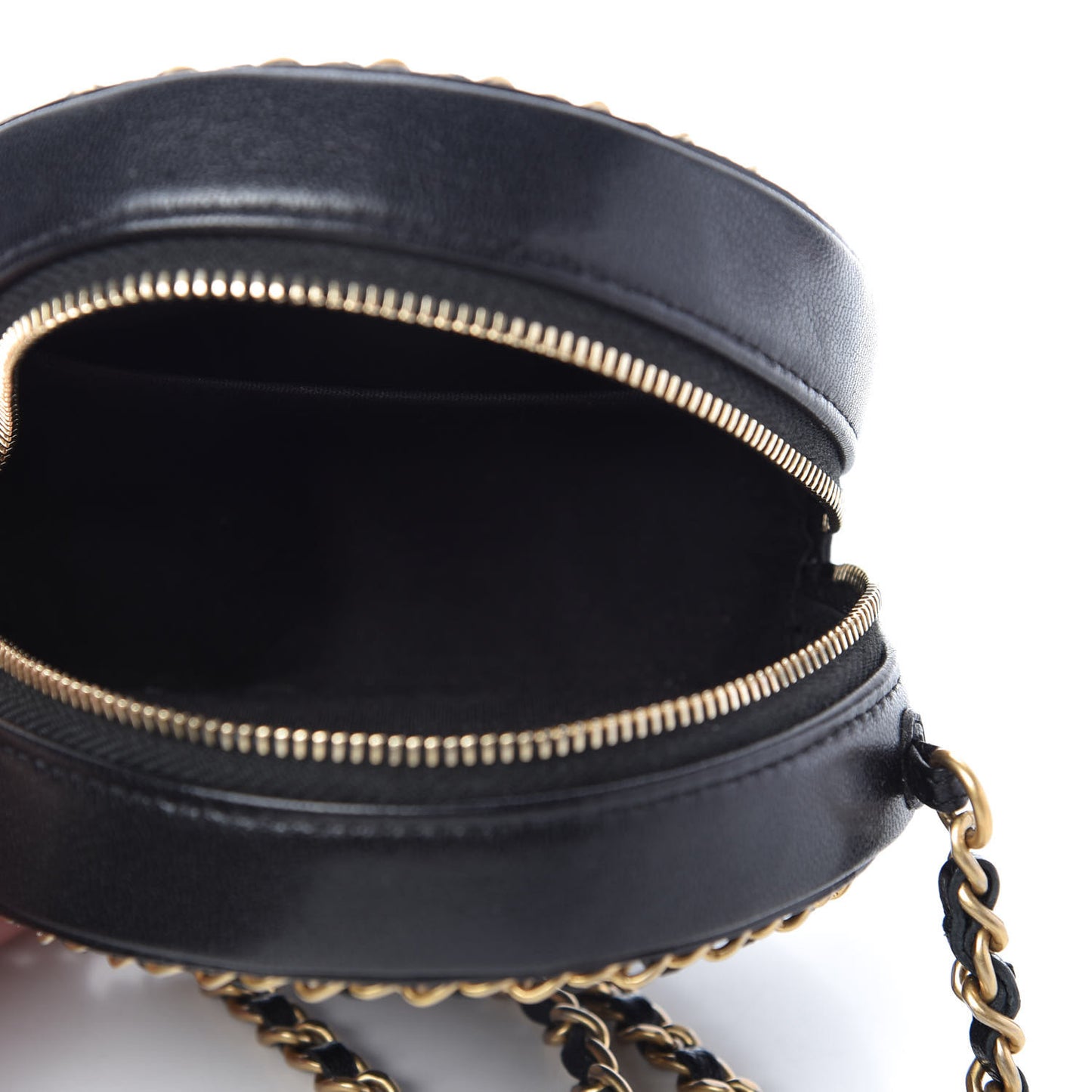 Lambskin Quilted Round Filigree Chain Around Crossbody Black
