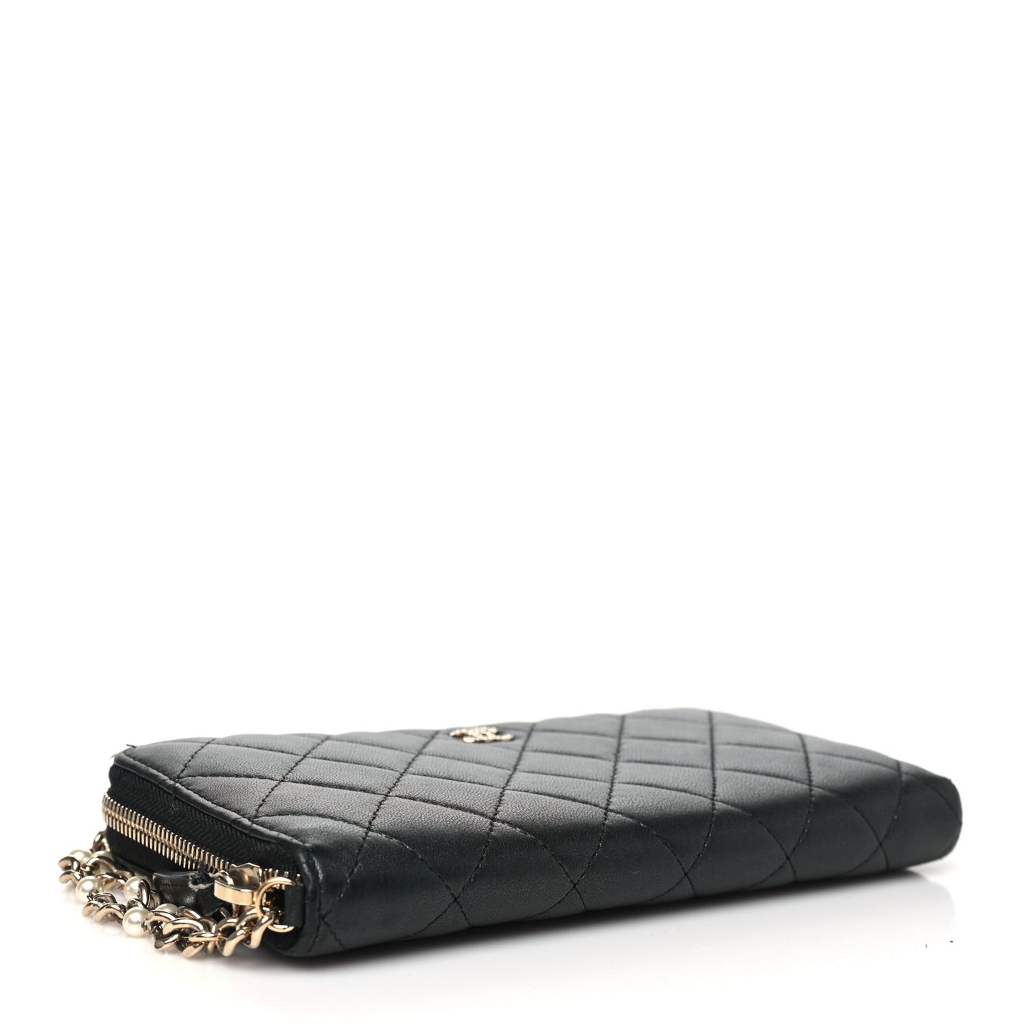 Lambskin Zip Around Large Gusset Wallet With Pearl Chain Black