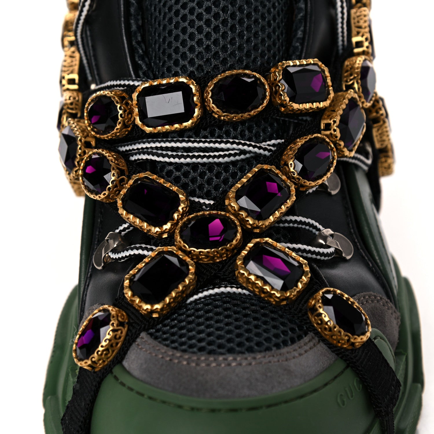 Gucci X SEGA Mesh Suede Calfskin Removable Crystals Mens Flashtrek Sneakers 8.5 Loess Black Olive Green 9 of 13