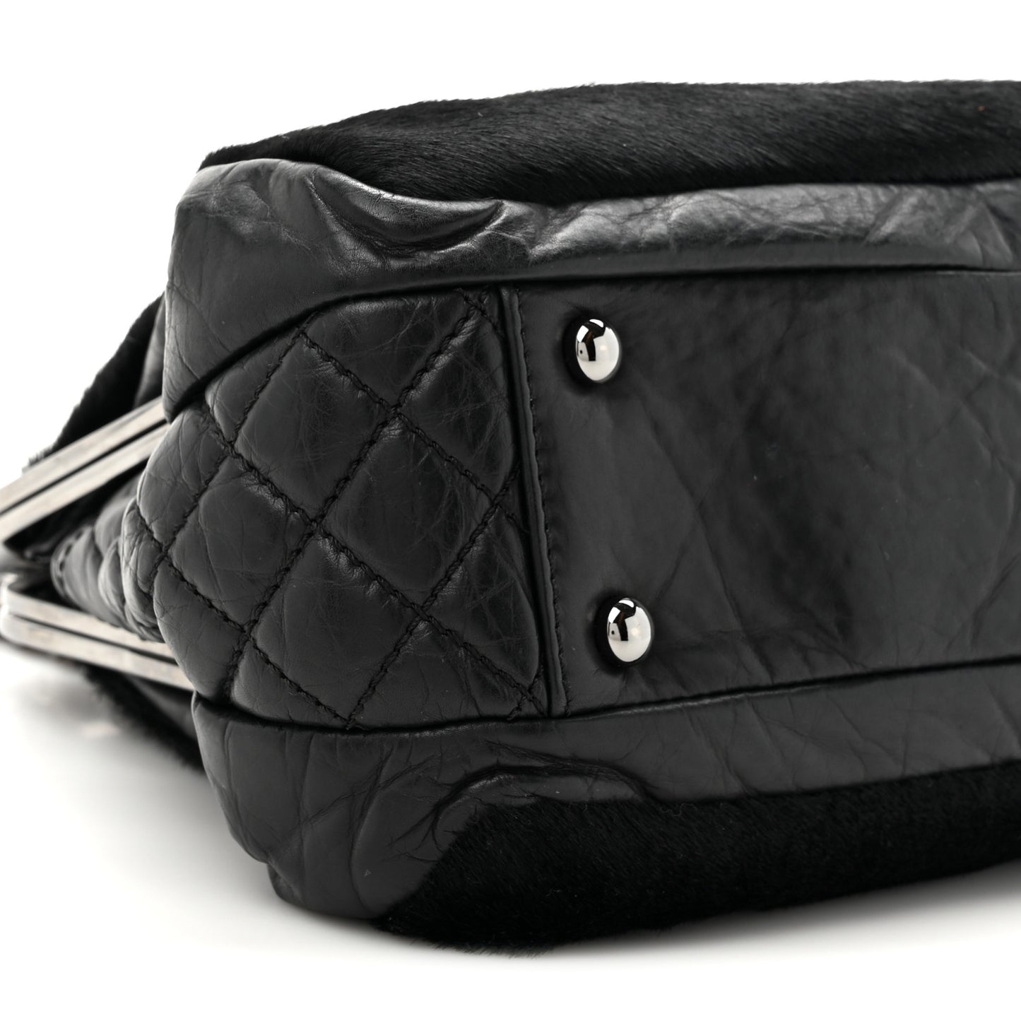 Pony Hair Lambskin Quilted Kiss Lock Frame Bag Black