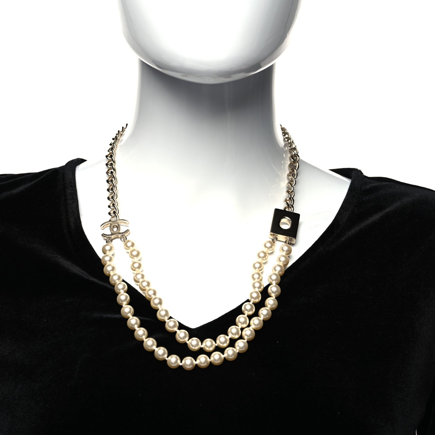 Pearl CC Double Strand Necklace Gold White