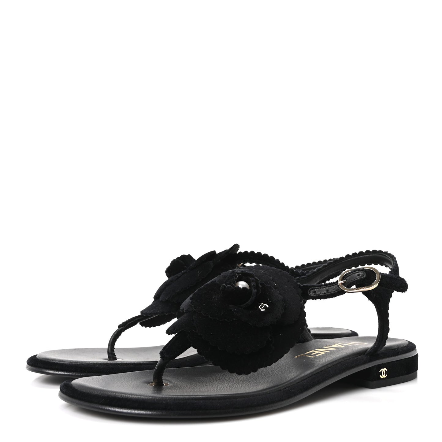 Velvet Pearl Camellia Thong Sandals 37.5 Black