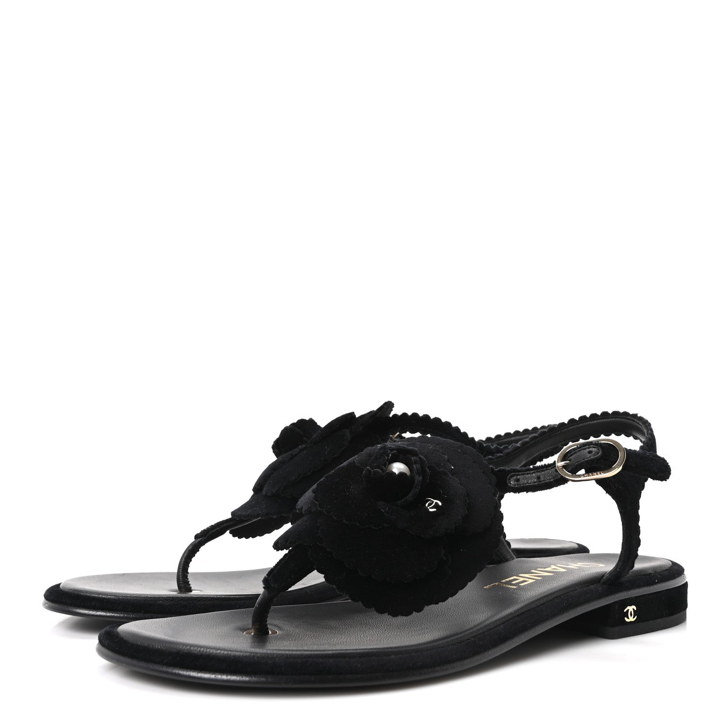 Chanel Velvet Pearl Camellia Thong Sandals 37.5 Black 4 of 10