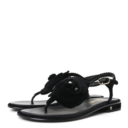 Chanel Velvet Pearl Camellia Thong Sandals 37.5 Black 4 of 10