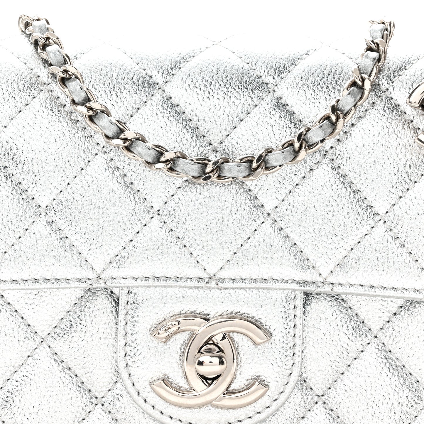 Metallic Caviar Quilted Mini Rectangular CC Slide Flap Silver