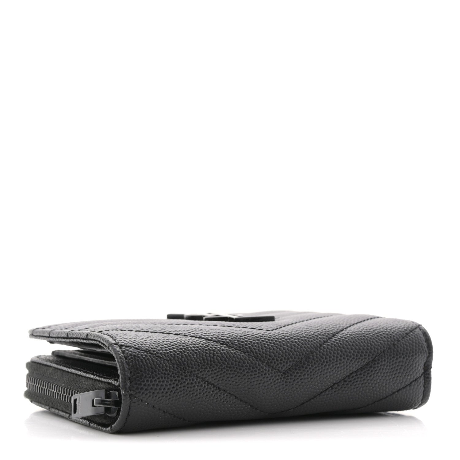 Saint Laurent Grain De Poudre Matelasse Chevron Monogram Monochrome Compact Zip Around Wallet Black 4 of 9