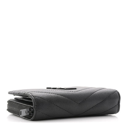 Saint Laurent Grain De Poudre Matelasse Chevron Monogram Monochrome Compact Zip Around Wallet Black 4 of 9