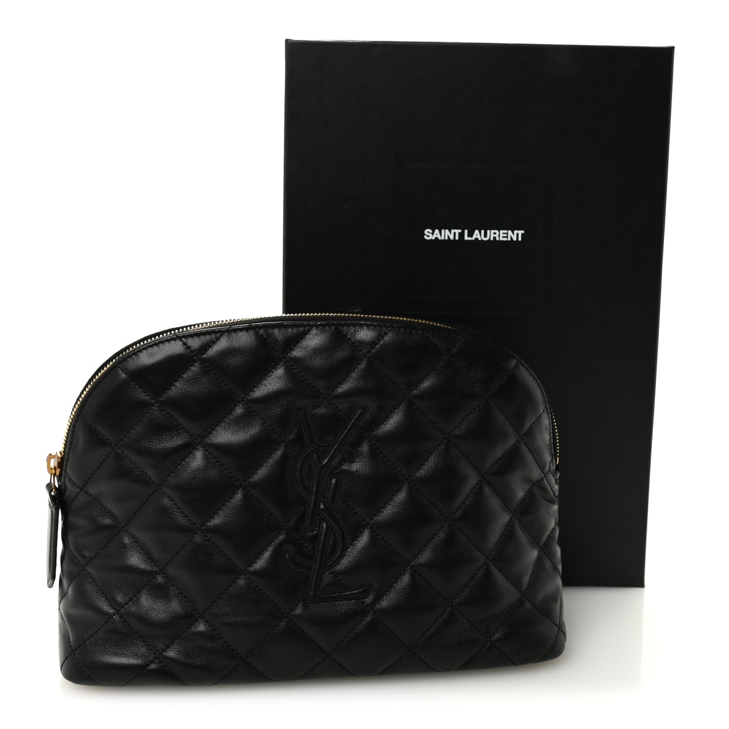 Saint Laurent Calfskin Quilted Embroidered Cassandre Large Cosmetic Pouch Black 10 of 10