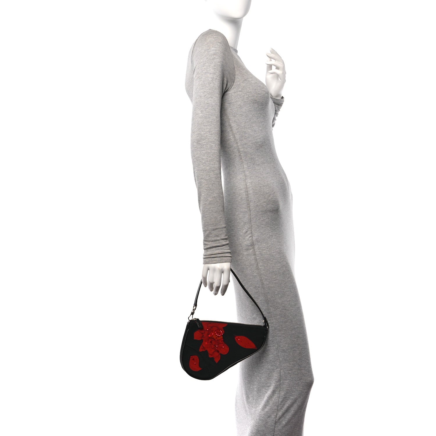Christian Dior Canvas Stitched Flower Sequins Mini Saddle Pochette Black Red 2 of 11