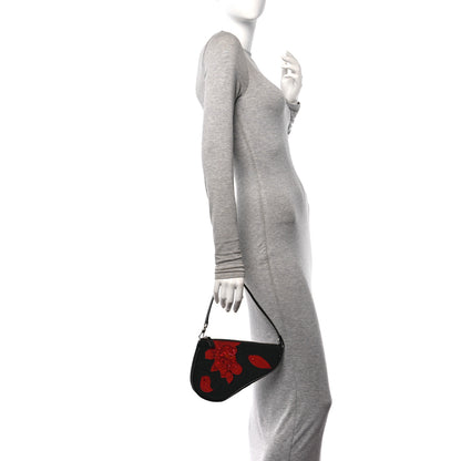 Christian Dior Canvas Stitched Flower Sequins Mini Saddle Pochette Black Red 2 of 11