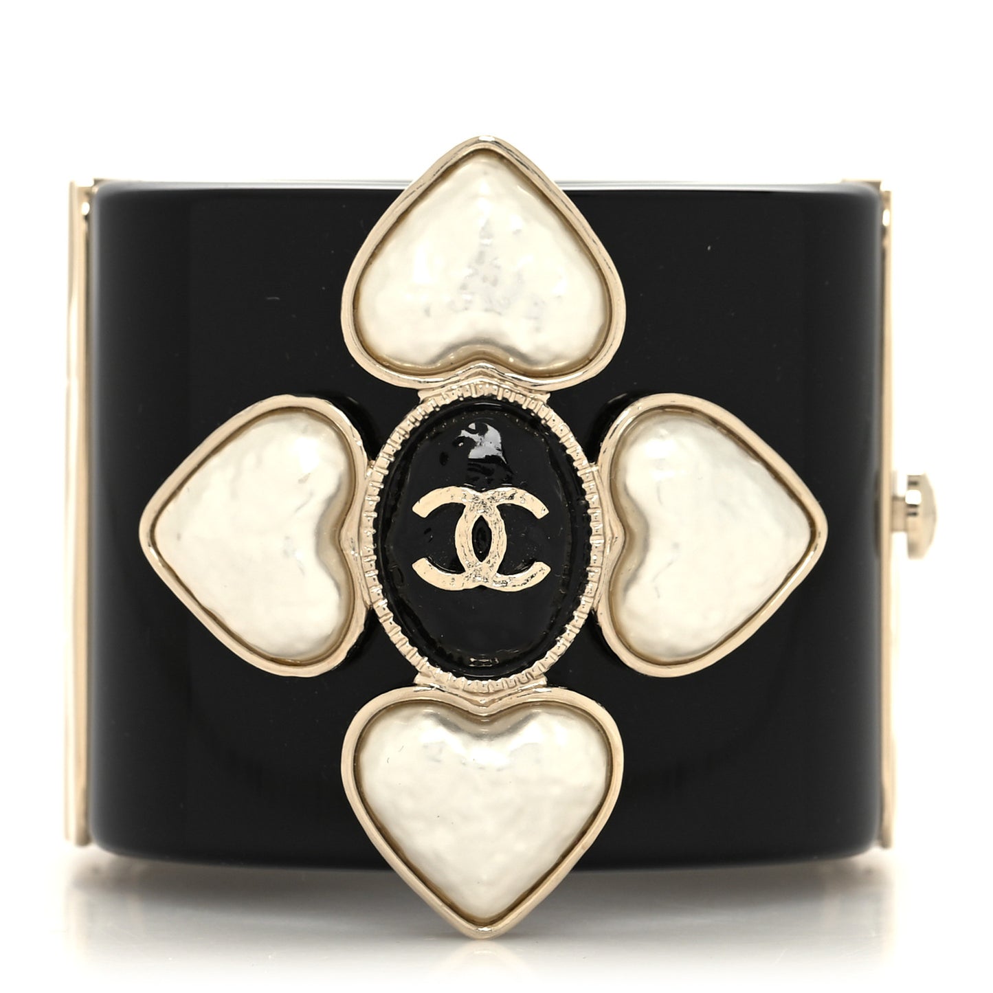 Resin Pearl Enamel CC Cuff Bracelet Black Pearly White Gold
