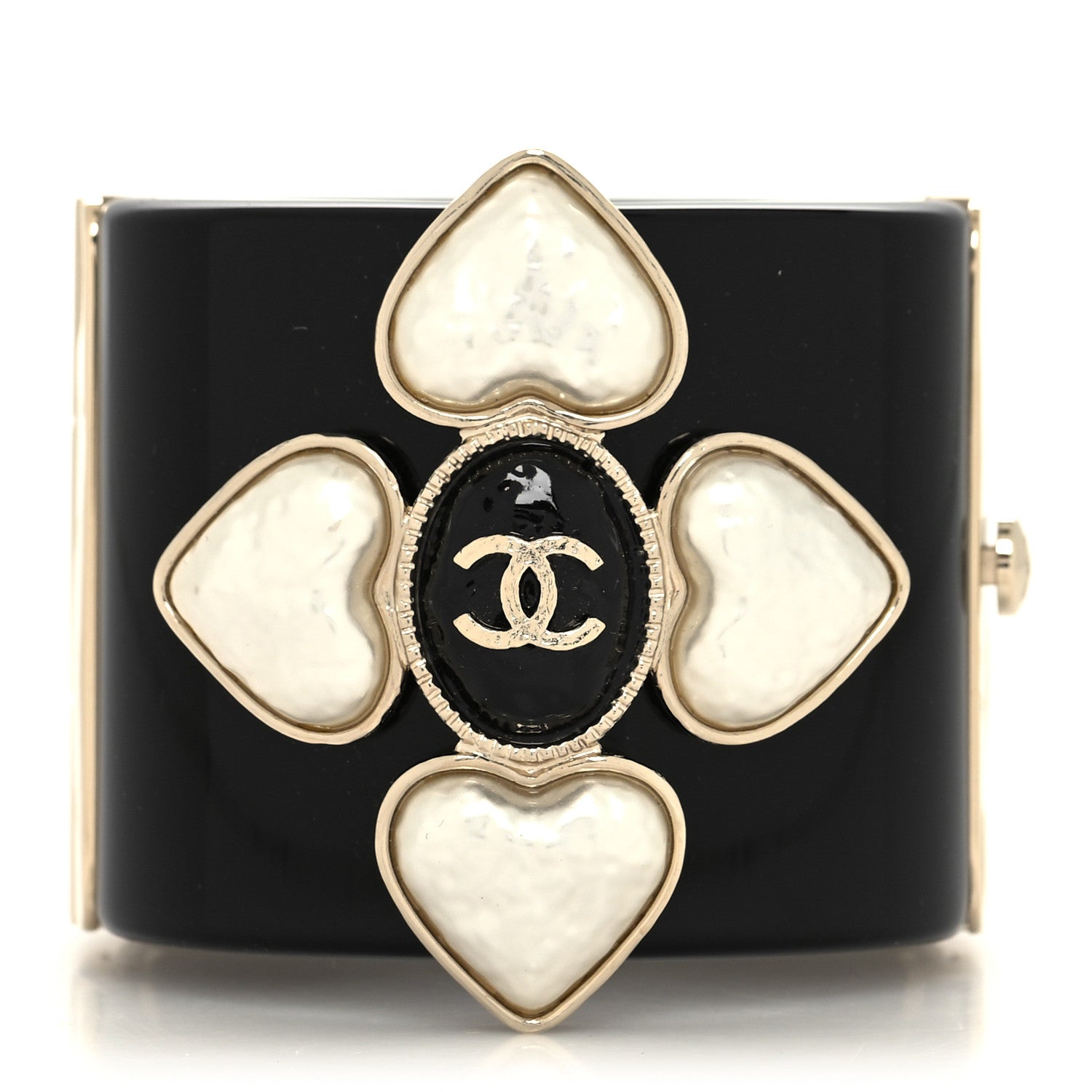 Chanel Resin Pearl Enamel CC Cuff Bracelet Black Pearly White Gold 1 of 5