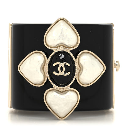 Chanel Resin Pearl Enamel CC Cuff Bracelet Black Pearly White Gold 1 of 5