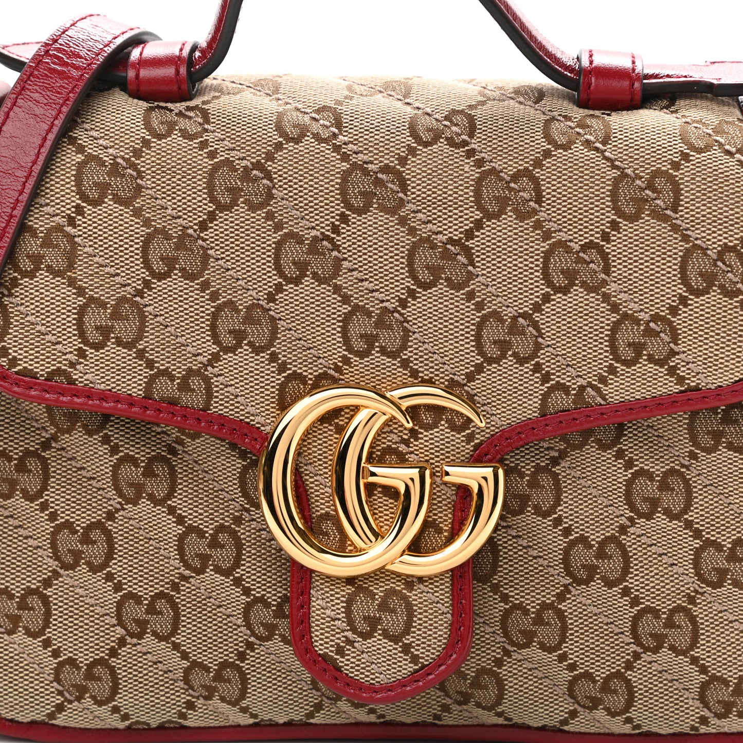 Monogram Glazed Calfskin Matelasse Diagonal Mini GG Marmont Top Handle Shoulder Bag Beige Ebony New Cherry Red