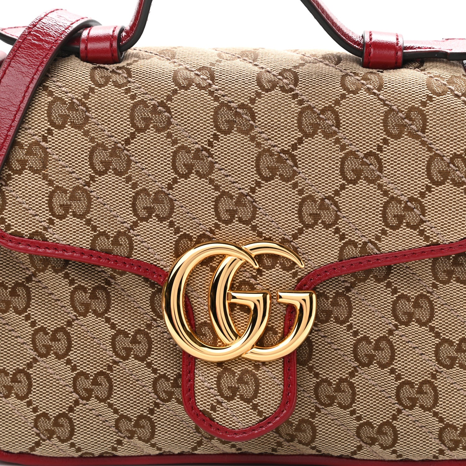 Gucci Monogram Glazed Calfskin Matelasse Diagonal Mini GG Marmont Top Handle Shoulder Bag Beige Ebony New Cherry Red 9 of 12