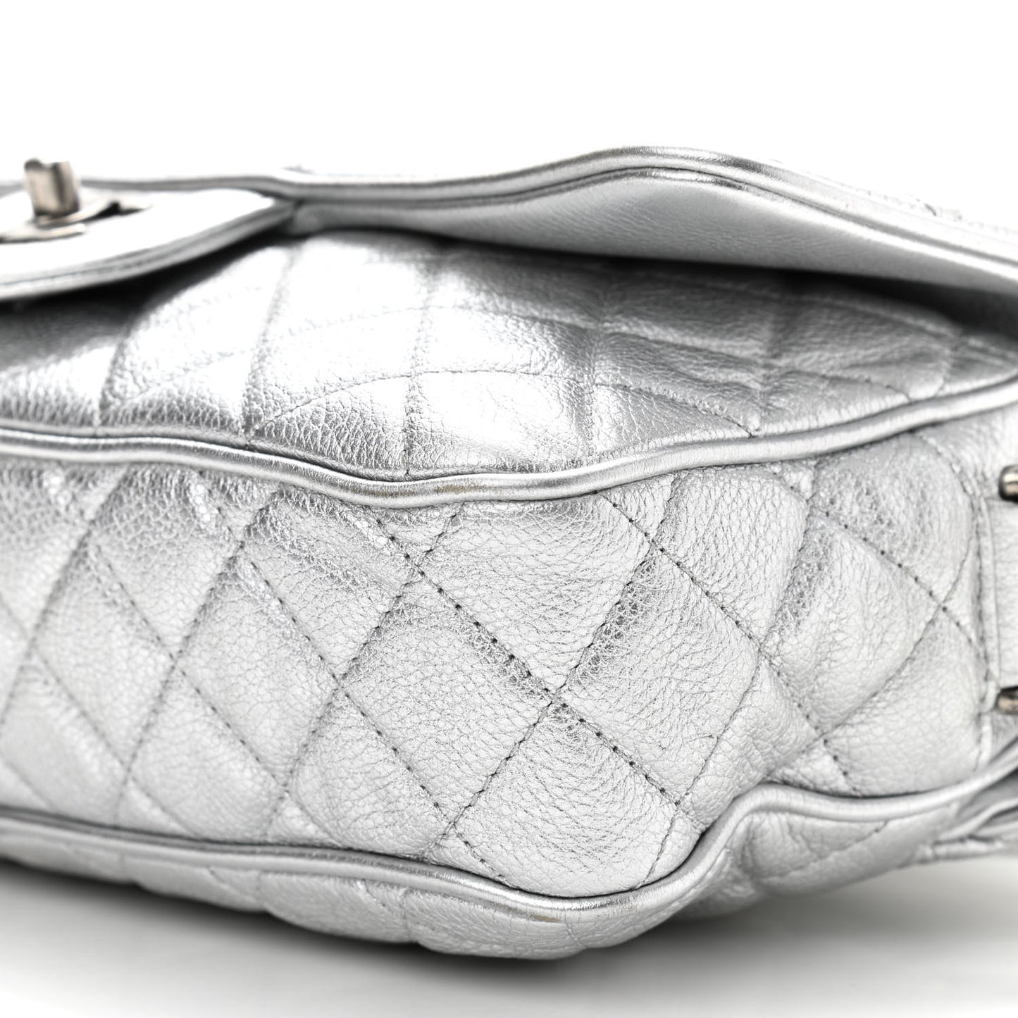 Metallic Grained Calfskin Quilted Small Casual Rock Flap Silver