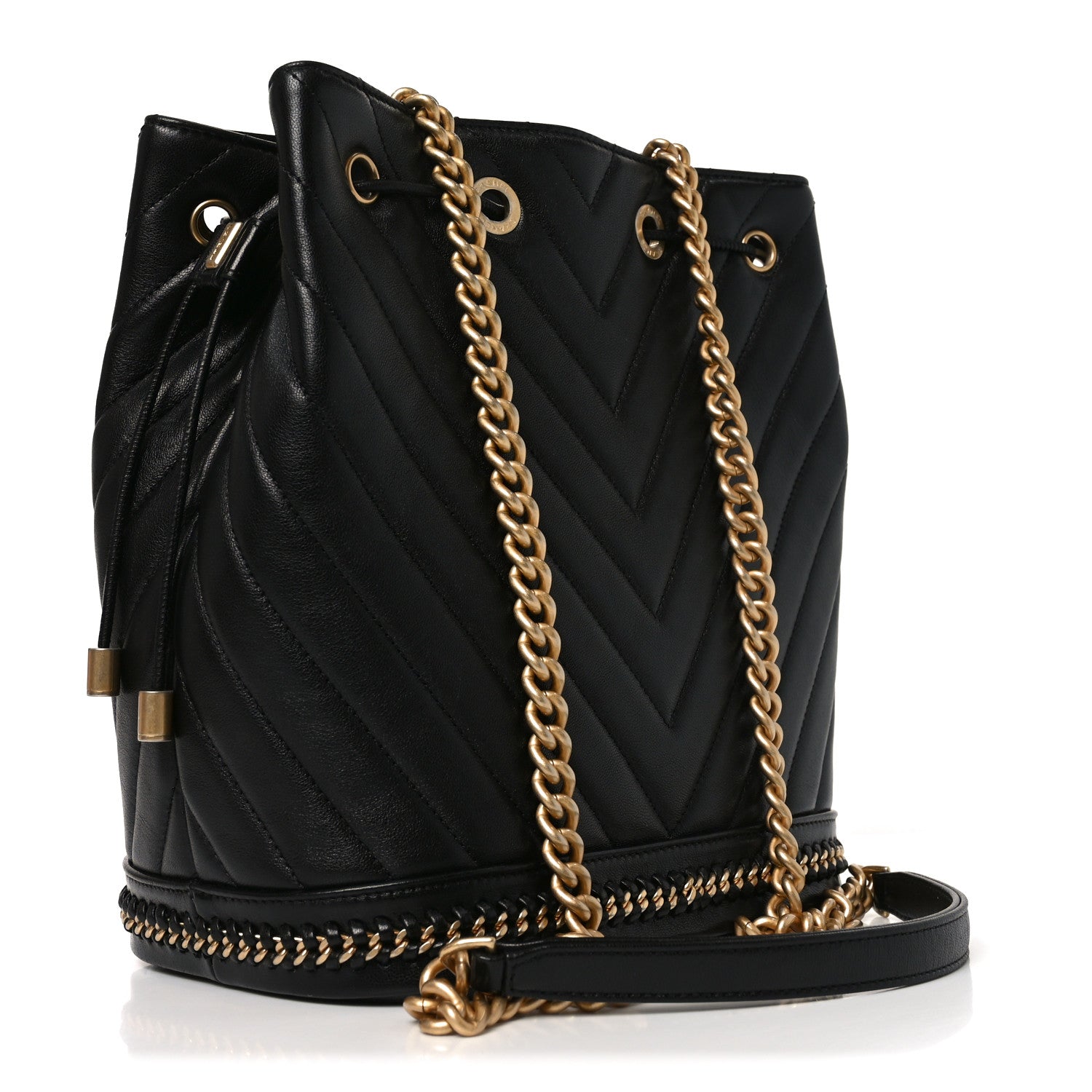 Chanel Sheepskin Chevron Quilted Drawstring Bag Black 3 of 10