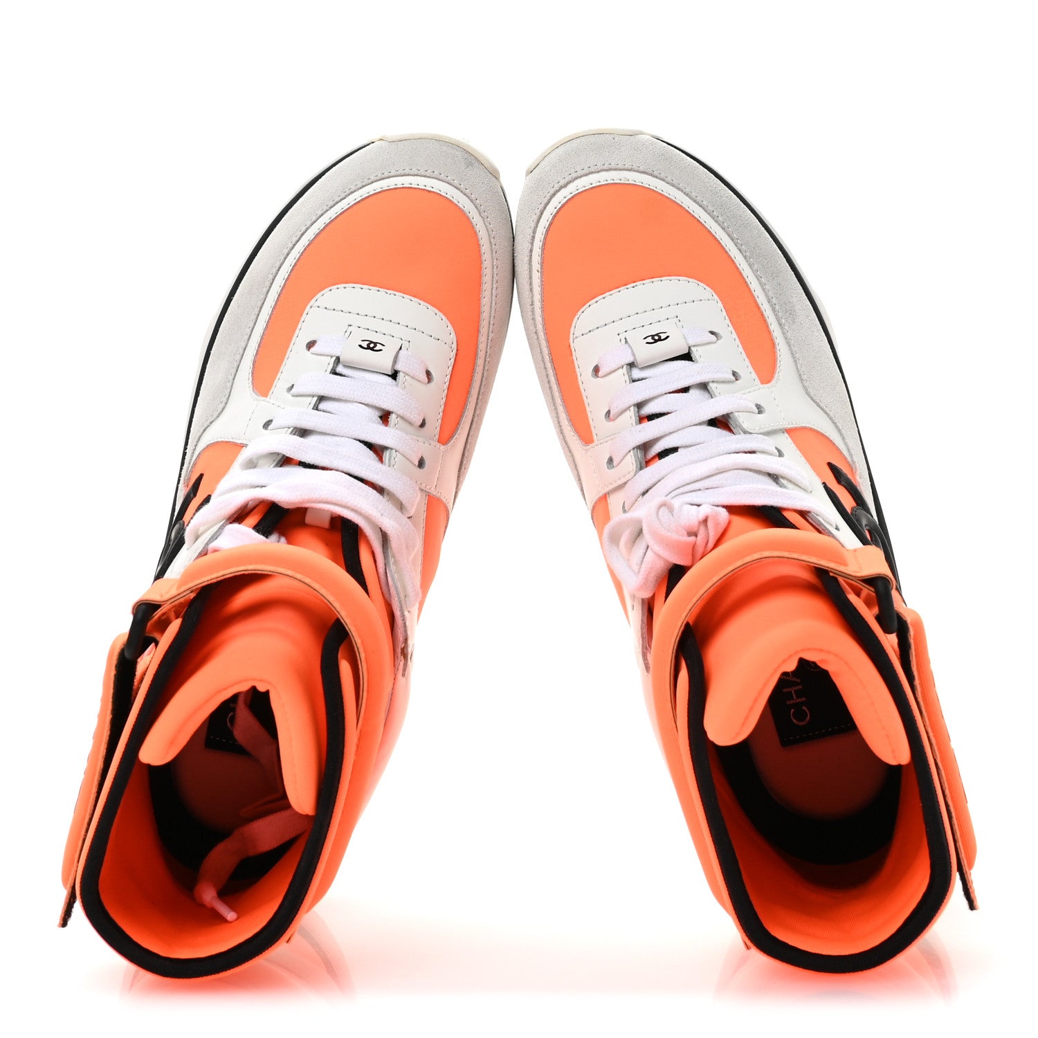 Chanel Suede Calfskin Lambskin Neoprene High Top CC Sneakers 37 White Fluo Orange 2 of 8
