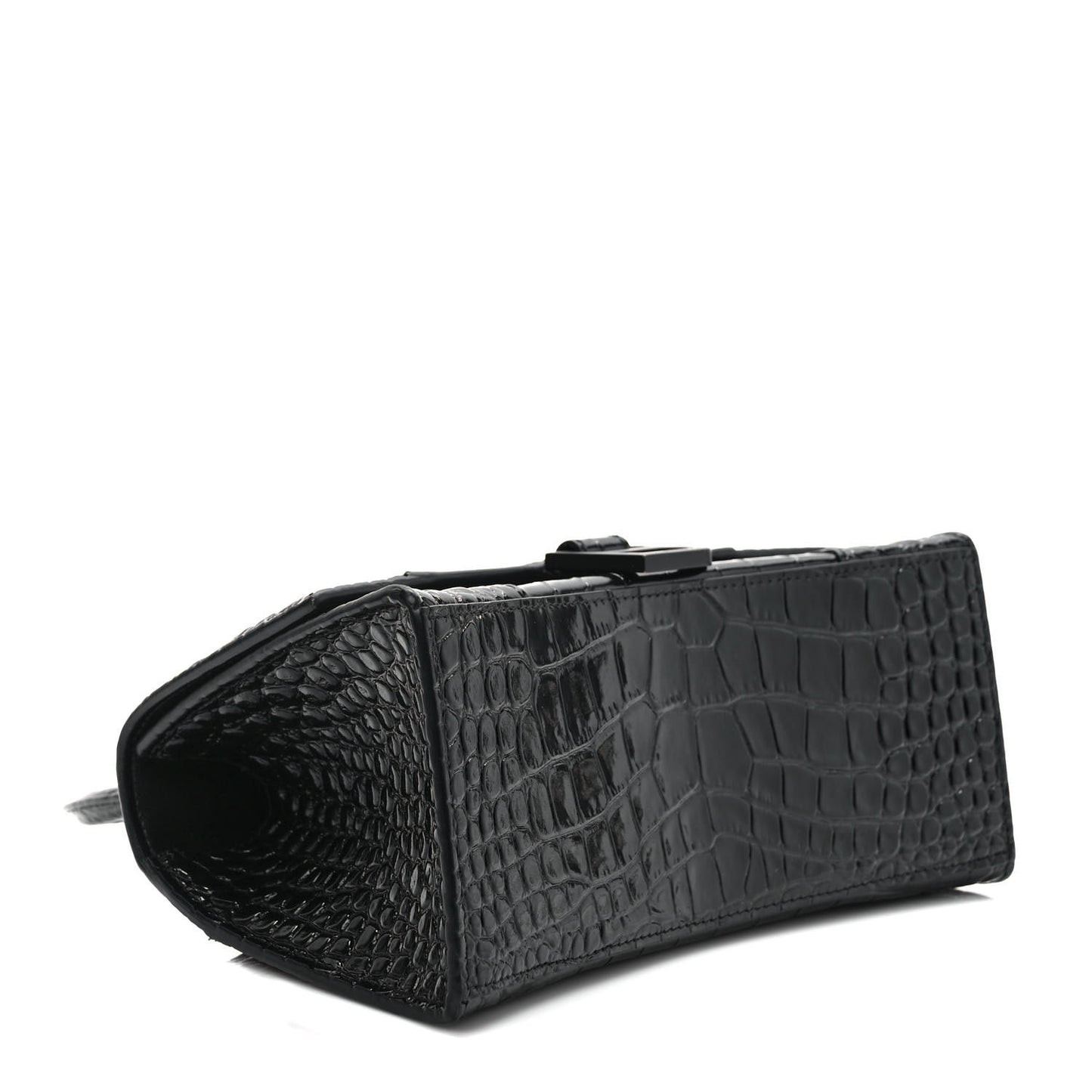 Shiny Calfskin Monochrome Crocodile Embossed Small Hourglass Top Handle Bag Black
