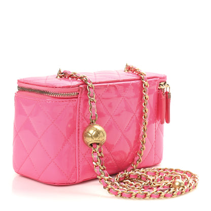Chanel Patent Quilted Pearl Crush Small Vanity Case With Chain Neon Pink 3 of 11