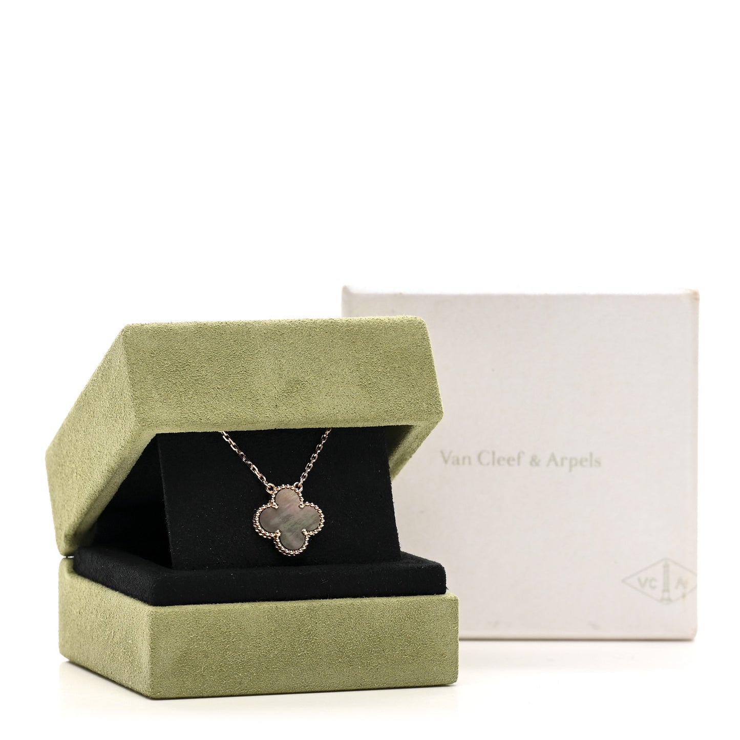 18K Rose Gold Gray Mother of Pearl Vintage Alhambra Pendant Necklace