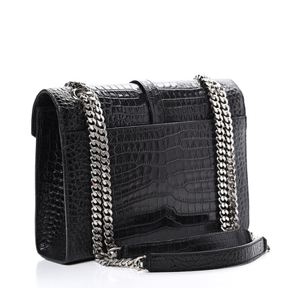 Saint Laurent Calfskin Crocodile Embossed Medium Monogram Envelope Chain Shoulder Bag Black 2 of 15